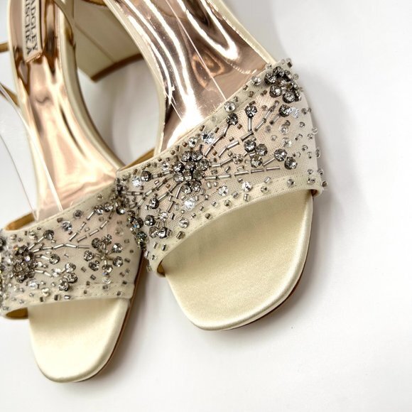 Badgley Mischka Size 8.5 Blaine Ivory Satin Jeweled Dress Sandals Heels Shoes - Picture 4 of 14